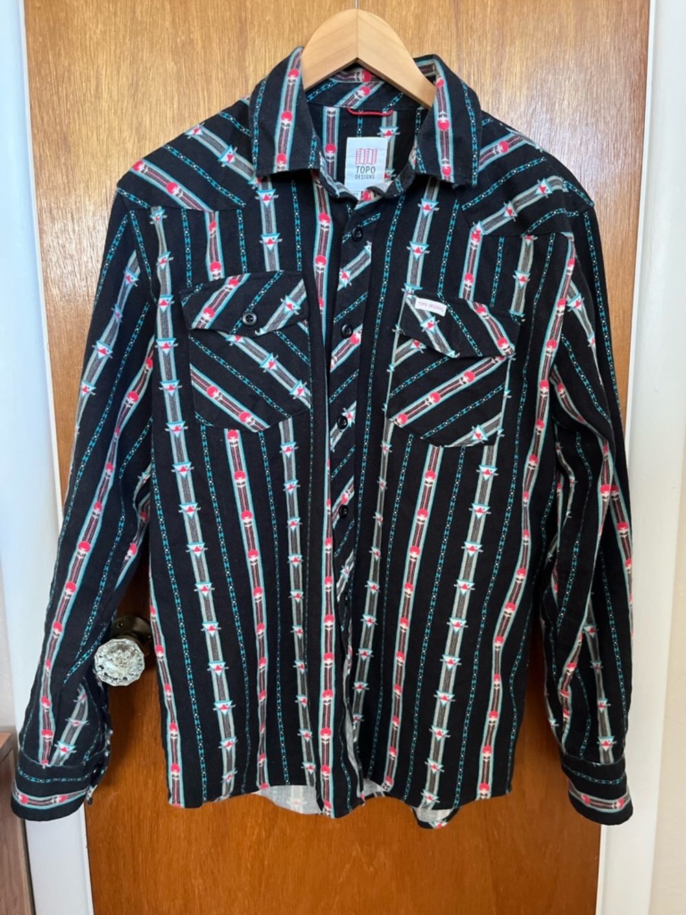 Topo Designs Flannel Shirt with Teal and Pink Geometric Print